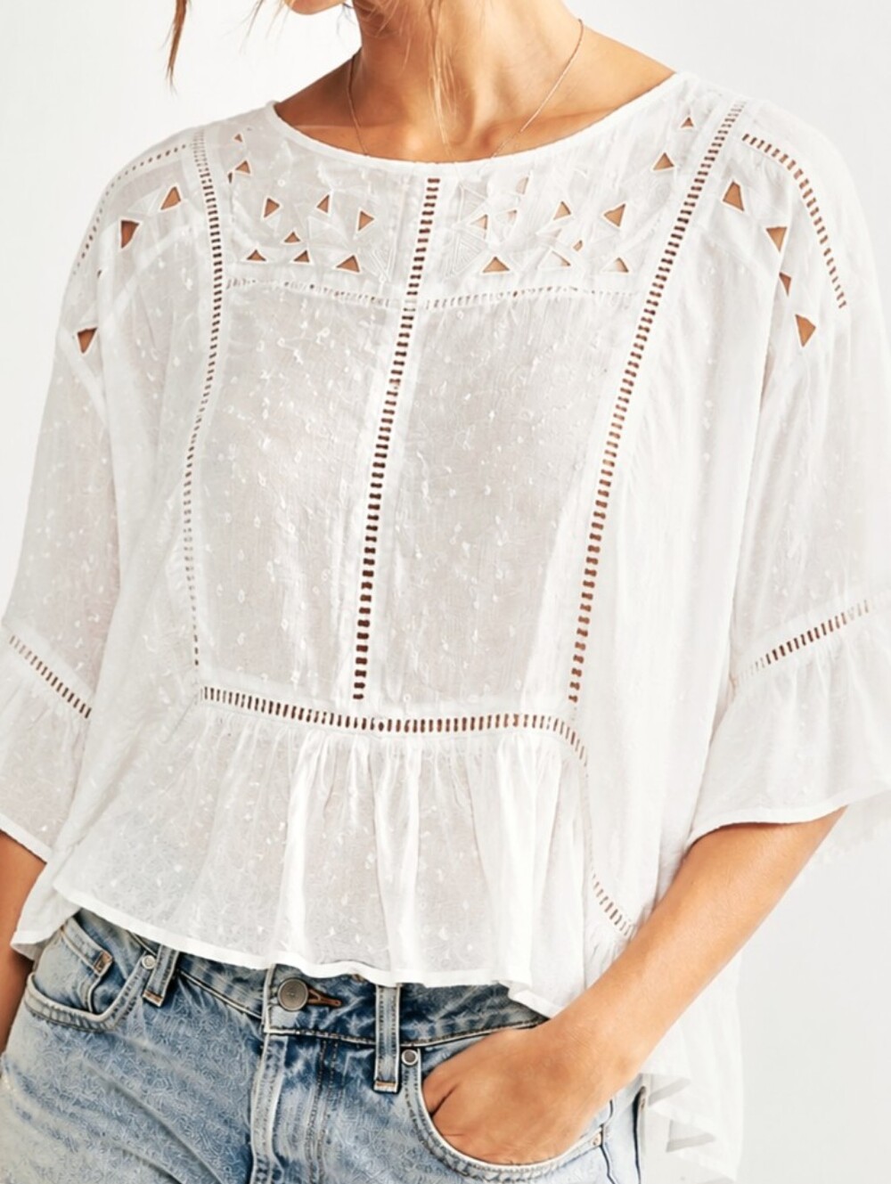 Free People White Top 100% Cotton Popover Swiss Dot Lace Ruffle Embroidered Larg